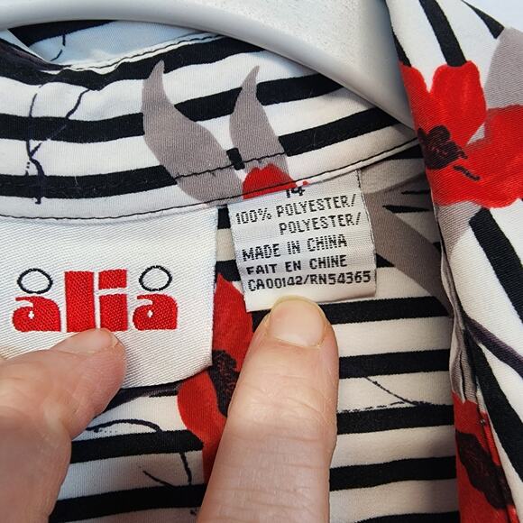 Vintage Alia Rose Print Career Blouse Size 14 Red Stripe Button Up Long Sleeve - Picture 13 of 14